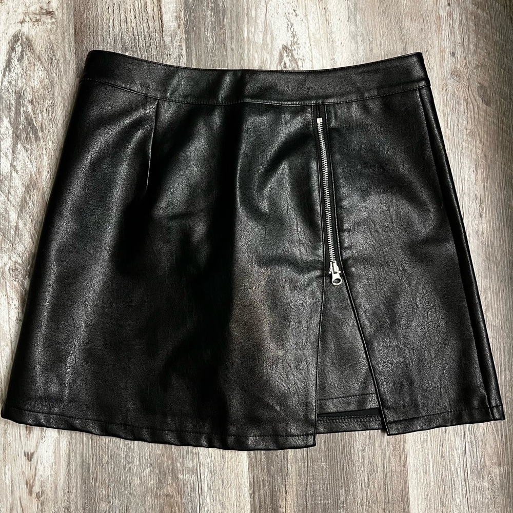 Black Faux Leather Mini Skirt/Skort with Zip Front